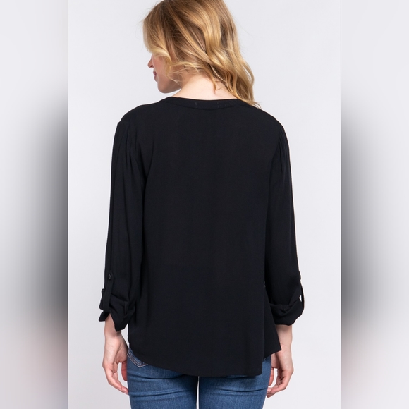 ACTIVE BASIC Full Size Notched Long Sleeve Woven Top - Picture 4 of 5